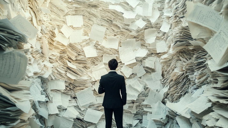 Man standing infront of a pile of papers