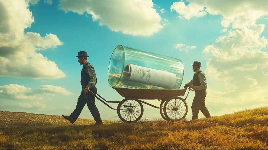 two men hauling a wagon with a giant message in a bottle on it