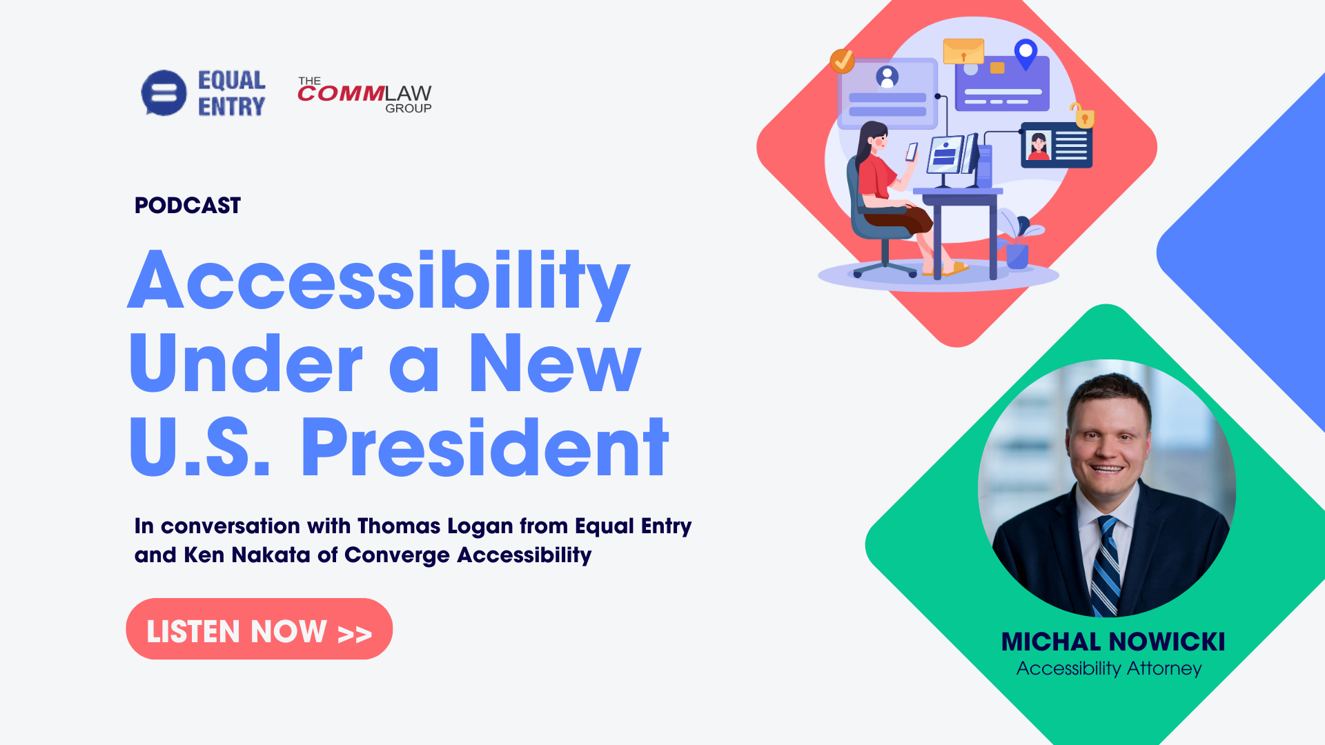 Podcast promotional graphic titled "Accessibility Under a New U.S. President" featuring images of a person at a desk and a headshot of the speaker, Michal Nowicki, accessibility attorney.